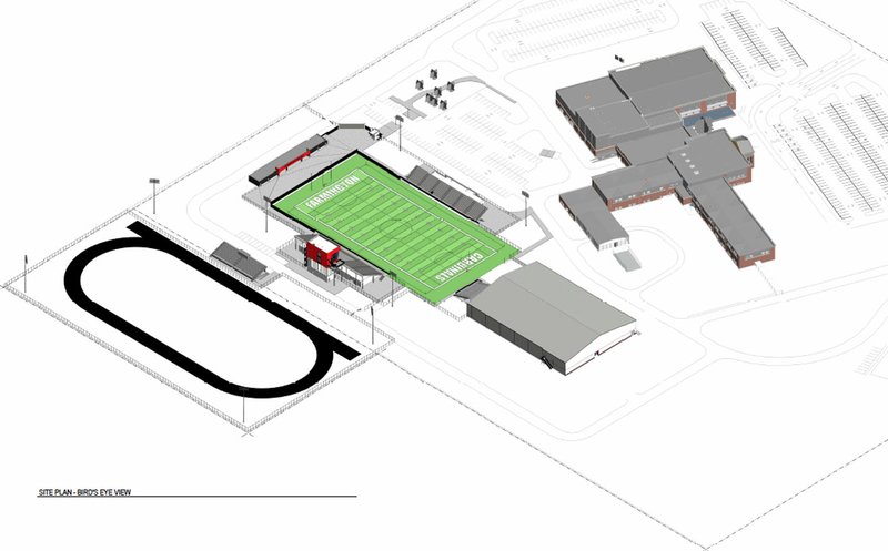 Courtesy Photo/HIGH JACKSON ASSOCIATES This architectural design shows the layout for the proposed Farmington football/soccer stadium and separate track facility. Both will be in the northwest corner of the high school campus. The school is asking voters to be allowed to extend debt by 12 years to help pay for the new athletic facilities.