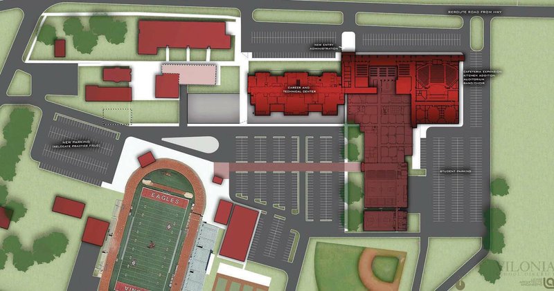 The Vilonia School District is asking patrons to approve a 5.7-mill increase in Tuesday’s school election to fund a three-phase $33 million construction project, shown in this schematic design. The project includes a 1,200-seat auditorium, a larger cafeteria and a career and technical-education center, as well as renovations to the high school.