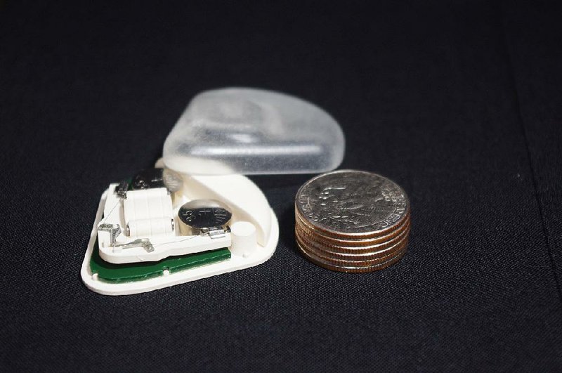 The SFC Fluidics’ min-ePump is not much bigger than a stack of quarters. The tiny device is used to test drugs on animals.