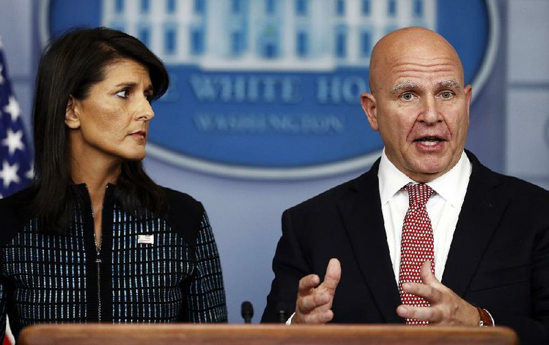 Nikki Haley, the United States ambassador to the U.N., and National Security Adviser H.R. McMaster discuss measures to pressure North Korea during a news briefing Friday at the White House.