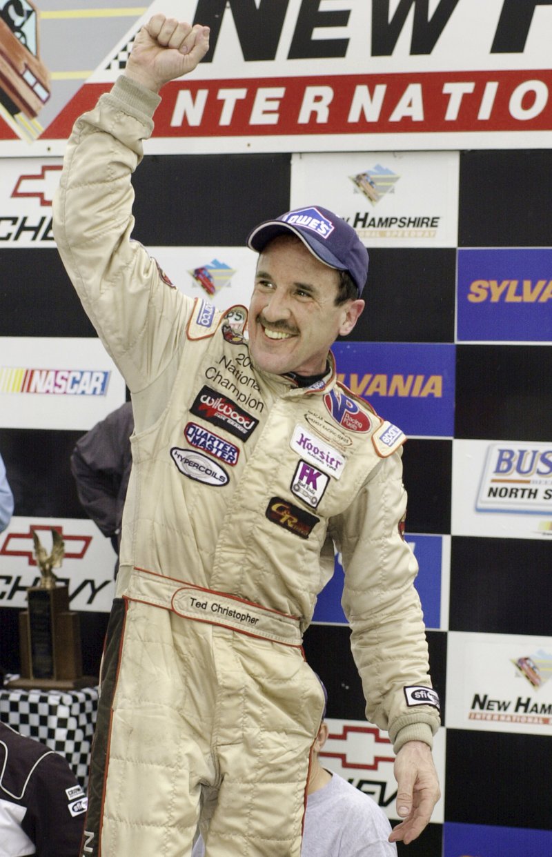 In this Sept. 16, 2005 file photo, Ted Christopher celebrates his victory in the Busch North Series Sylvania 125 at the New Hampshire International Speedway in Loudon, N.H. 