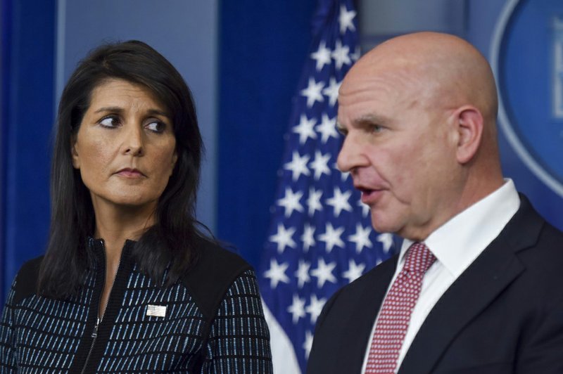 National security adviser H.R. McMaster and U.S. Ambassador to the United Nations Nikki Haley speak at the White House Friday. 