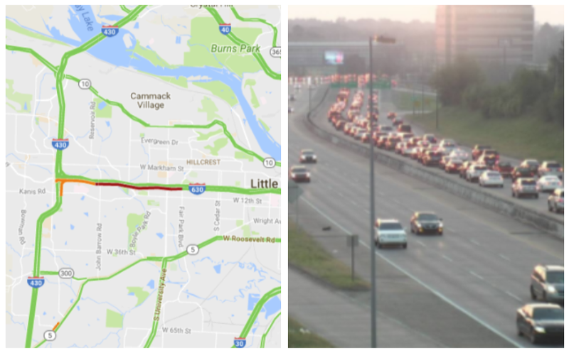 A screenshot from the Arkansas Online live traffic map is shown at left. At right, a screenshot of a live Arkansas Department of Transportation camera along I-630 west of the wreck.