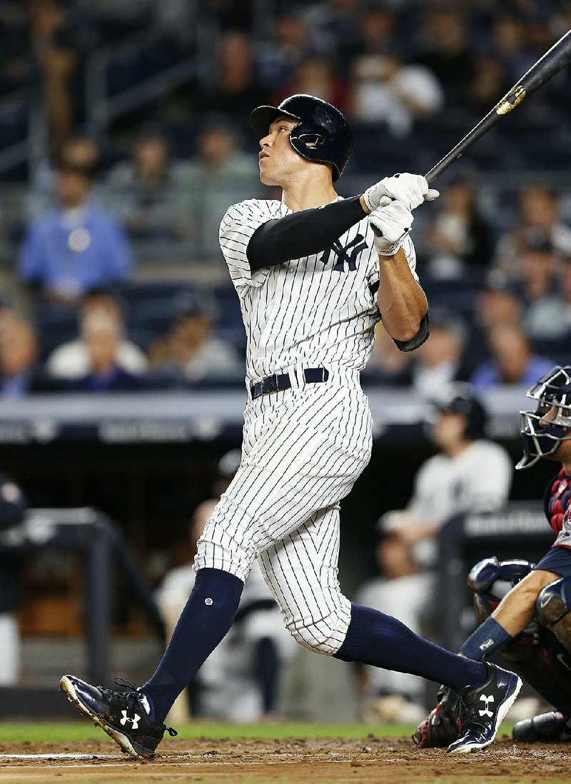 New York Yankees rookie Aaron Judge homered in the first inning, his American League-leading 44th of the season, during Monday night’s game against the Minnesota Twins in New York.