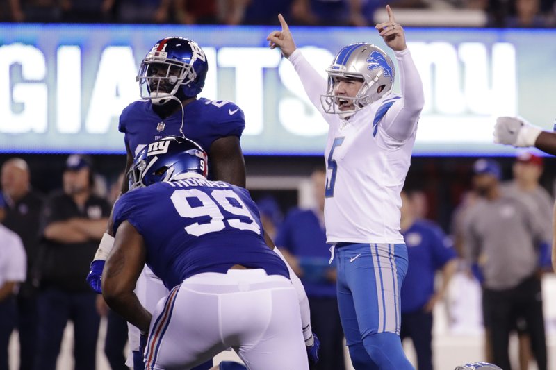 Detroit Lions kicker Matt Prater (5) celebrates after kicking a field goal during the first half of an NFL football game against the New York Giants Monday, Sept. 18, 2017, in East Rutherford, N.J. 