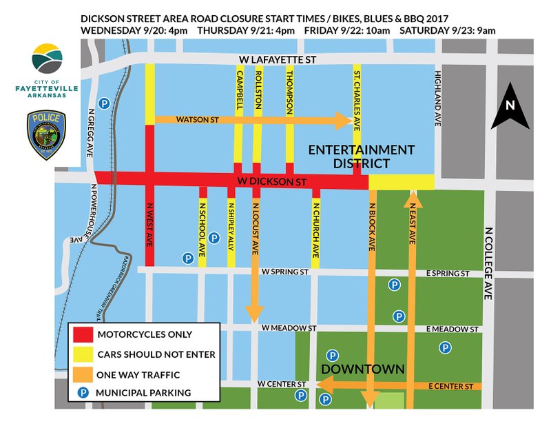 Courtesy of City of Fayetteville A map depicts road closures to cars during the 2017 Bikes, Blues and BBQ festival.