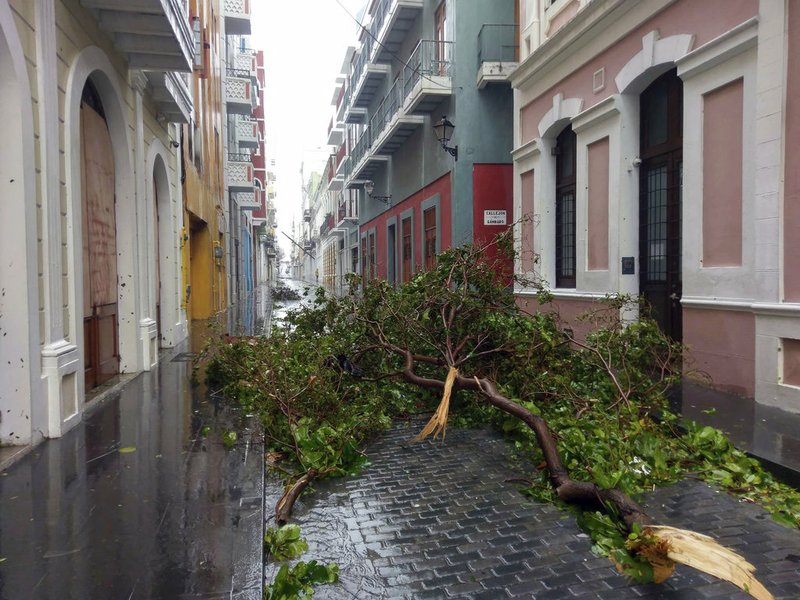 In this photo provided by Jason Heskew, a downed tree blocks a street during Hurricane Maria in Old San Juan, Puerto Rico, on Wednesday, Sept. 20, 2017. 