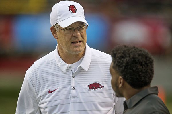 Arkansas defensive coordinator Paul Rhoads is shown prior to a game against Florida A&M on Thursday, Aug. 31, 2017, in Little Rock. 