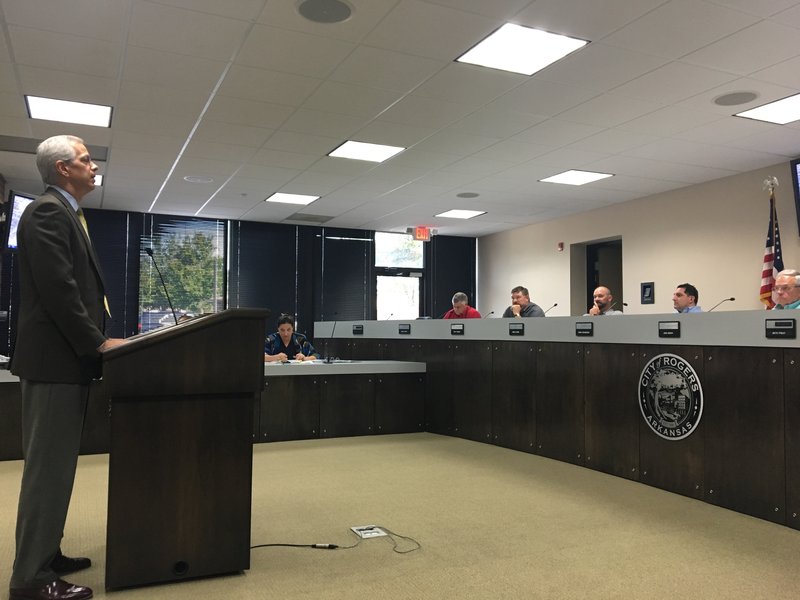 NWA Democrat-Gazette/APRIL WALLACE
Attorney Bill Watkins addressed the Rogers Planning Commission Tuesday on behalf of SC Bodner Company for a PUD concept plan. The plan includes approximately 241 apartments on 13 acres at 4601 S. Champions Drive.
