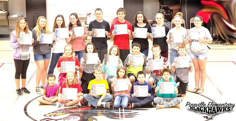 Pineville Elementary School&#8217;s August award winners were: front row from left, Isabella Kelley, Tori Berryhill, Travis Wilson, Nolan Howard, Jordan Manion, Quinlynn Nelson; middle row from left, Alexus Martin, Leanna Schlessman, Shay Largent, Adison Deering, Logan Myrick, Brodie Roessler; and, back row from left, Mayson Ardemagni, Emma Huckabey, Ashleigh Dornon, Terryn Torrez, Eli Jackson, Wyatt Yousey, Madison Grider, Nicole Anderson, Reagan Myrick and Peyton Cooper.