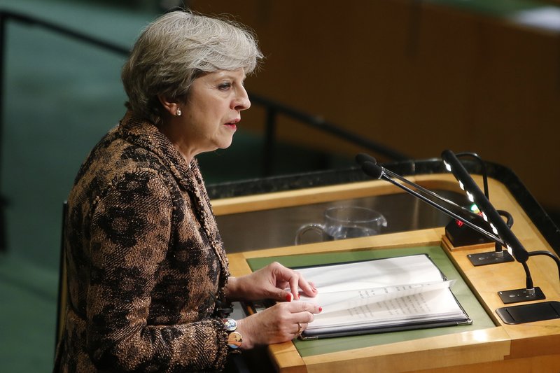 British Prime Minister Theresa May addresses the United Nations General Assembly at U.N. headquarters, Wednesday, Sept. 20, 2017. (AP Photo/Jason DeCrow)