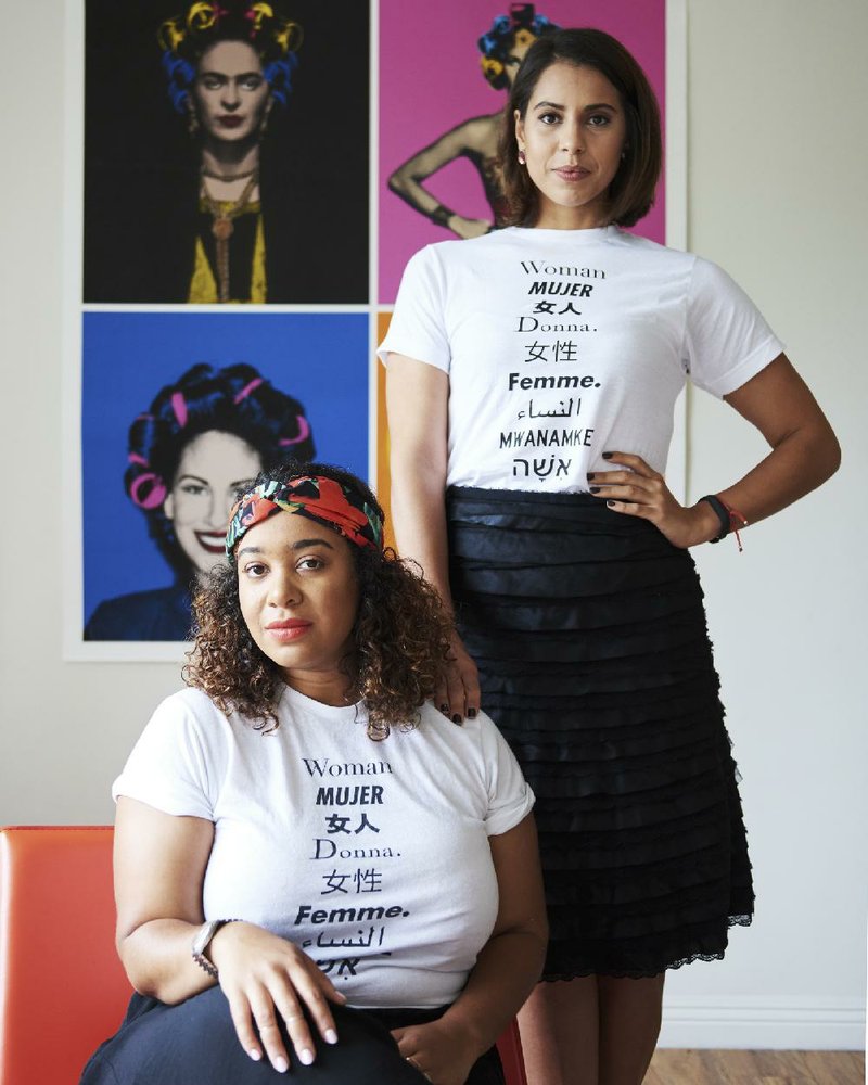 This T-shirt conceived by Zoila Darton (left) and Angela Carrasco reads “woman” in several languages. 