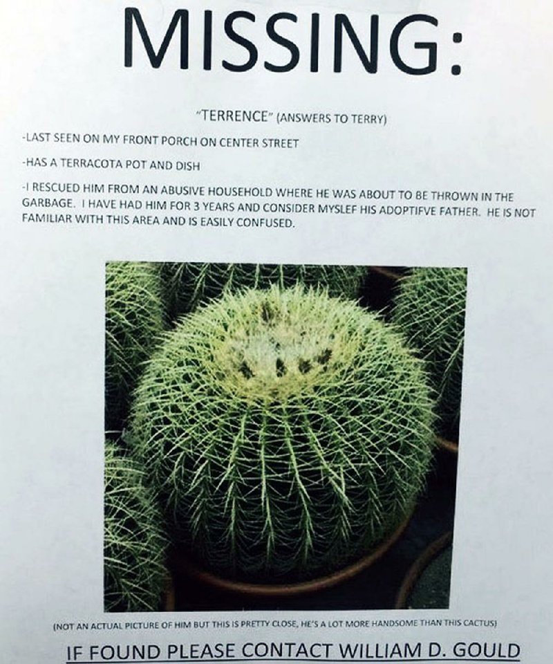 William D. Gould of Little Rock is on pins and needles, waiting for the return of his cactus, Terrence.