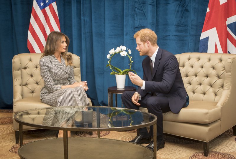 Britain's Prince Harry speaks during a bilateral meeting with First Lady of the United States Melania Trump ahead of the start of the 2017 Invictus Games in Toronto, Canada, Saturday Sept. 23, 2017. 