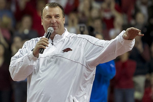 Arkansas head football coach Bret Bielema speaks during a time out in the first half an NCAA college basketball game against Tennessee in Fayetteville, Ark., Saturday, Feb. 2, 2013. Arkansas defeated Tennessee 73-60. (AP Photo/Gareth Patterson)

