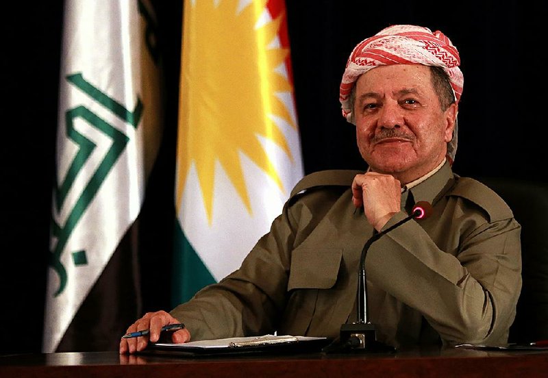The President of Iraq's autonomous Kurdish region, Massoud Barzani, speaks to reporters during a press conference at the Salah al-Din resort, in Irbil, Iraq, Sunday, Sept. 24, 2017.