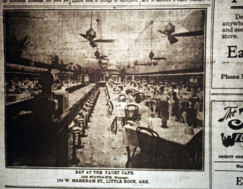 This ad showing the interior of the Faust Cafe at 104 W. Markham St. in Little Rock appeared in the Arkansas Gazette on April 16, 1916.