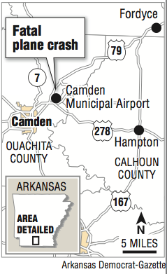 A map showing the location of the Fatal plane crash in Camden, Arkansas

