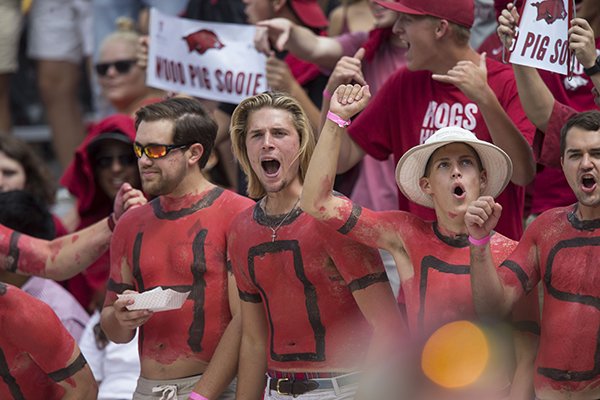 The Arkansas student section is shown during a game against TCU on Saturday, Sept. 9, 2017, in Fayetteville. 