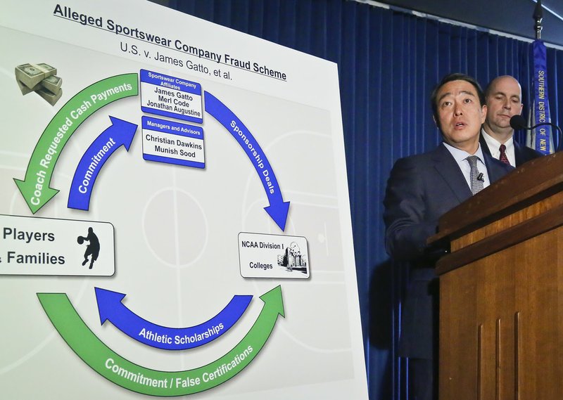 Joon H. Kim, (second from right), acting U.S. Attorney for the Southern District of New York and FBI Assistant Director William Sweeney Jr. hold a news conference Tuesday to announce the arrest of four assistant basketball coaches on federal corruption charges in New York.  