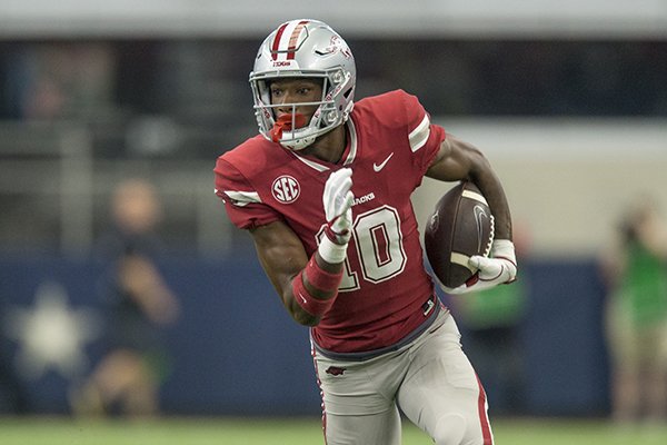 Arkansas receiver Jordan Jones runs during a game against Texas A&M on Saturday, Sept. 23, 2017, in Arlington, Texas. 