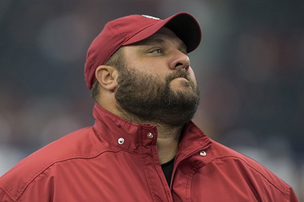 Arkansas offensive line coach Kurt Anderson is shown during a game against Texas A&M on Saturday, Sept. 23, 2017, in Arlington, Texas. 