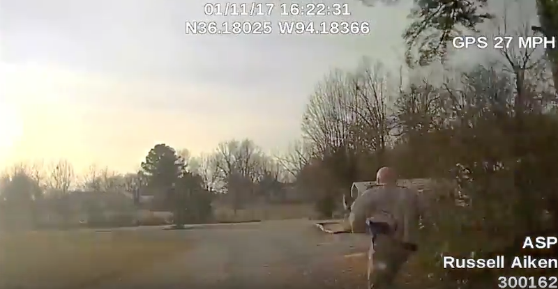 A screen shot of video from Arkansas State Police dashcam. 
