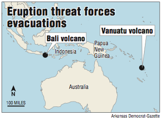 A map showing Bali and Vanuatu volcanoes