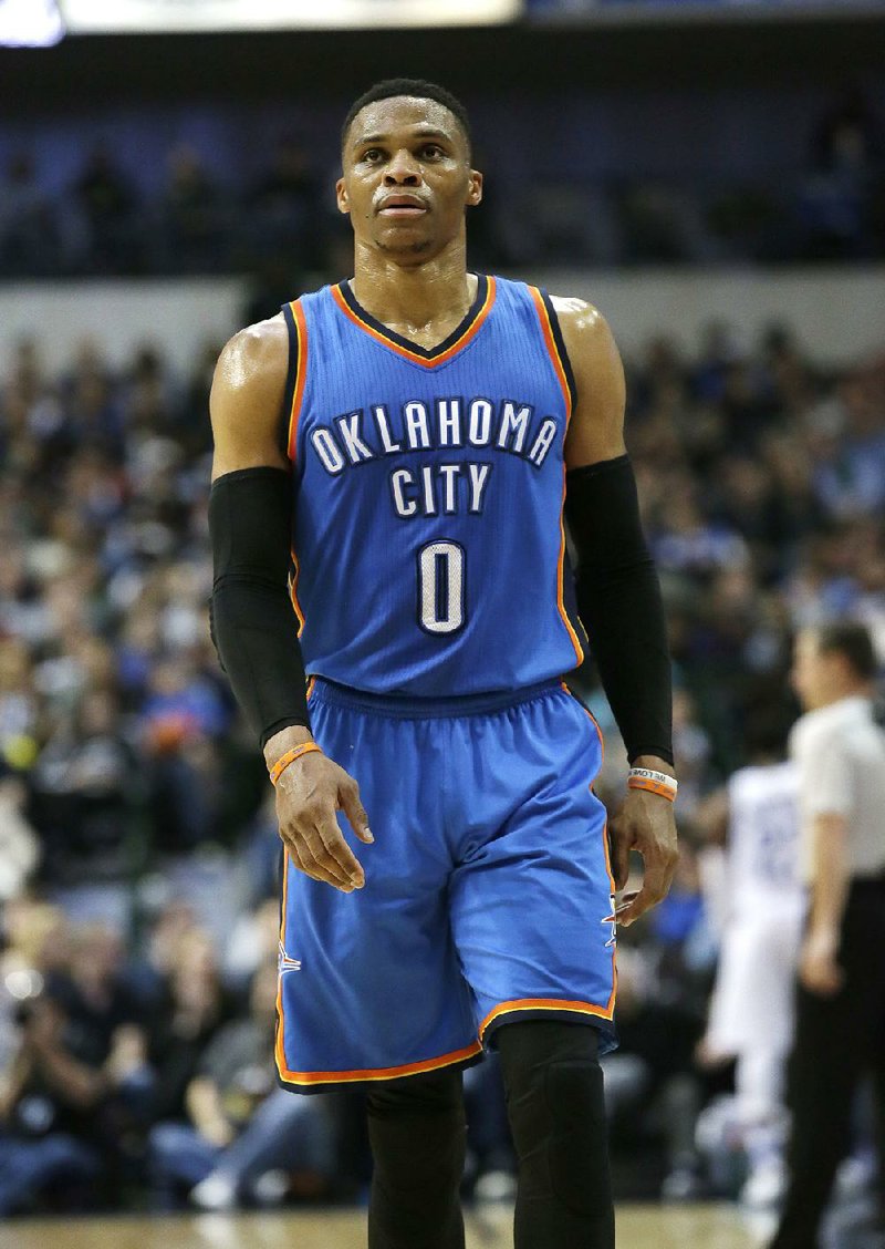 Oklahoma City Thunder guard Russell Westbrook (0) walks the floor during the second half of an NBA basketball game against the Dallas Mavericks in Dallas, Sunday, March 5, 2017.