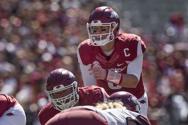 Austin Allen operates from under center as Arkansas takes on New Mexico State Saturday, Sept. 30, 2017, at Razorback Stadium in Fayetteville.