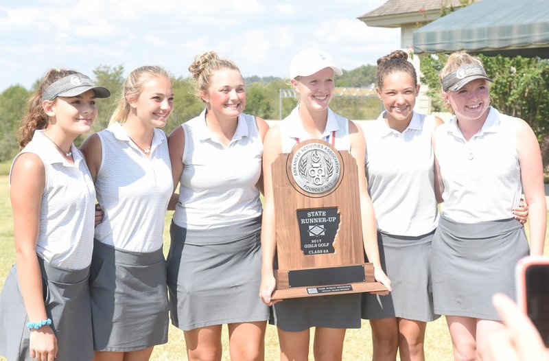 Neal Denton/Special to Siloam Sunday The Siloam Springs girls golf team finished as state runner-up Tuesday at the Class 6A state girls golf tournament at Big Creek Golf and Country Club in Mountain Home. It&#8217;s the highest the Lady Panthers have ever finished in a state golf tournament. Pictured, from left, are team members junior Jaelee Snyder, junior Kendall McCormick, junior McKenzie Blanchard, senior Brinkley Beever, freshman Makenna Thomas and junior Kaitlyn Robinson.