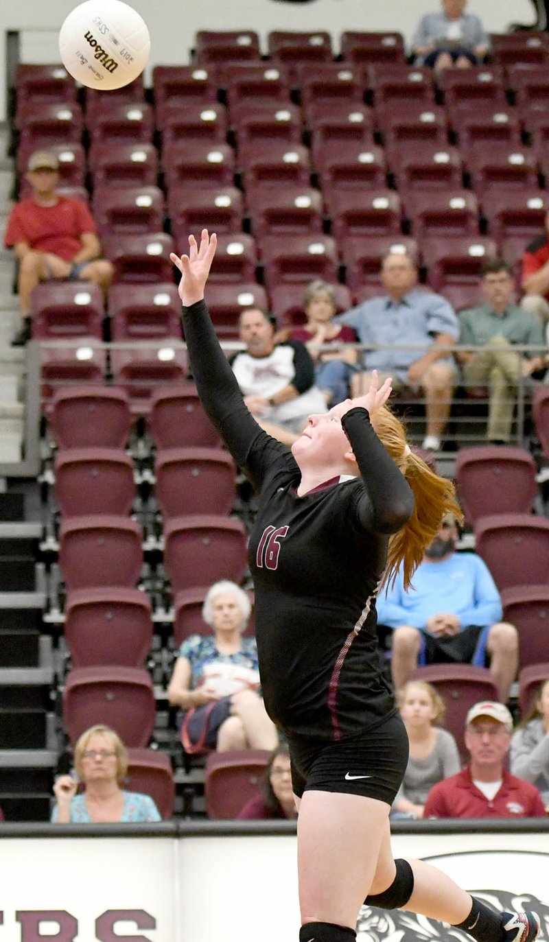 Bud Sullins/Special to Siloam Sunday Siloam Springs junior hitter Reigan Brown hits the ball against Harrison last Tuesday at the Panther Activity Center. Harrison defeated the Lady Panthers 3-0.