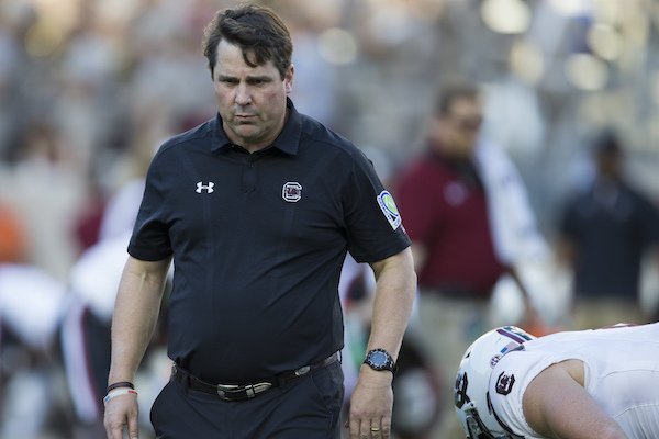 South Carolina head coach Will Muschamp looks over his team before the start of an NCAA college football game against Texas A&M Saturday, Sept. 30, 2017, in College Station, Texas. (AP Photo/Sam Craft)