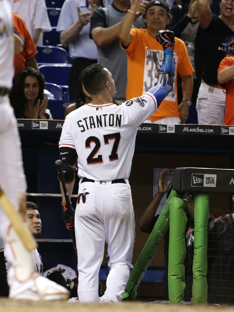 MIAMI, FL - APRIL 11: Miami Marlins right fielder Giancarlo Stanton (27)  ready for his first at bat in 2017 season during a game between the Miami  Marlins and the Atlanta Braves