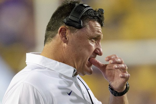 LSU head coach Ed Orgeron reacts as his team is intercepted by Troy in the second half of an NCAA college football game in Baton Rouge, La., Saturday, Sept. 30, 2017. (AP Photo/Matthew Hinton)