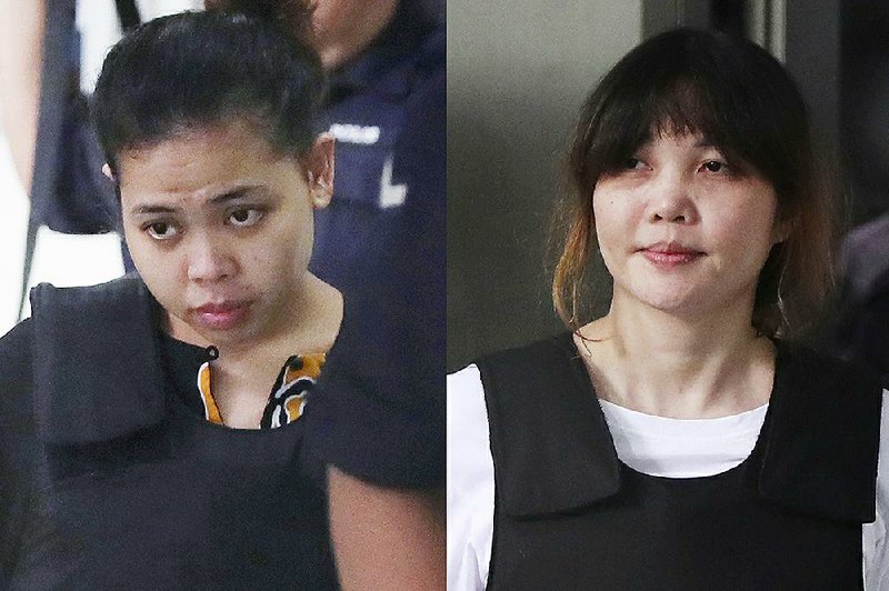 In this combination of photos, Indonesian Siti Aisyah, left, and Vietnamese Doan Thi Huong, right, are escorted by police as they leave their court hearing at Shah Alam court house in Shah Alam, outside Kuala Lumpur, Malaysia, Monday, Oct. 2, 2017. 