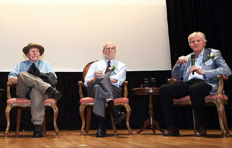 Jeffery Hall (from left), Michael Rosbash and Michael Young sit onstage during a 2013 lecture at Shaw College of The Chinese University of Hong Kong. The three researchers on Monday won the Nobel Prize in Physiology or Medicine. 
