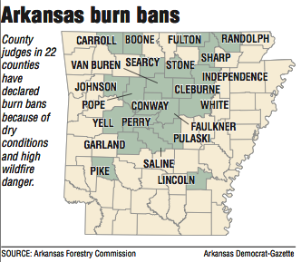 A map showing burn bans in Arkansas.