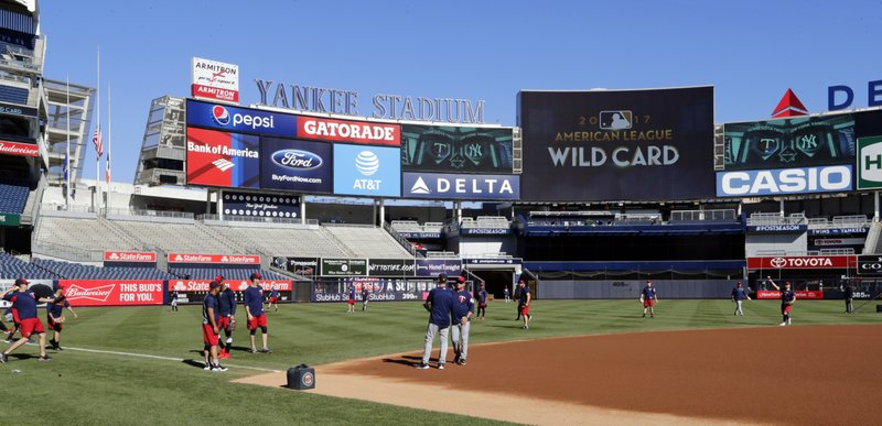 The Minnesota Twins workout at Yankees Stadium, Monday, Oct. 2, 2017, in New York. The Twins face the New York Yankees in the American League wild card playoff game on Tuesday. (AP Photo/Frank Franklin II)