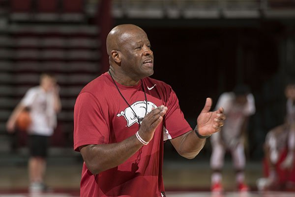 Arkansas basketball coach Mike Anderson encourages his players during practice Tuesday, Oct. 3, 2017, in Fayetteville. 