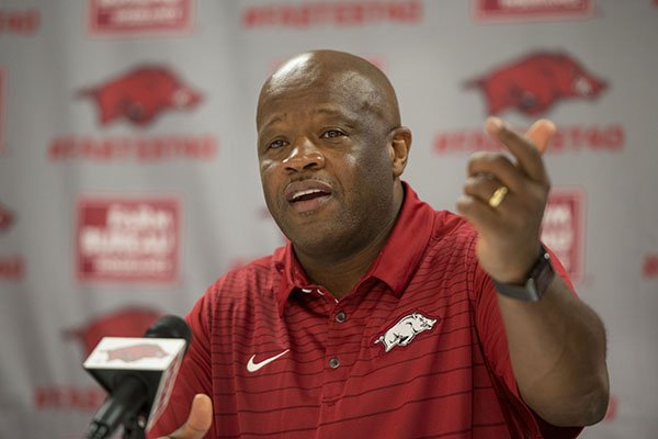 Arkansas coach Mike Anderson speaks to reporters during the Razorbacks' annual media day on Tuesday, Oct. 3, 2017, in Fayetteville. 