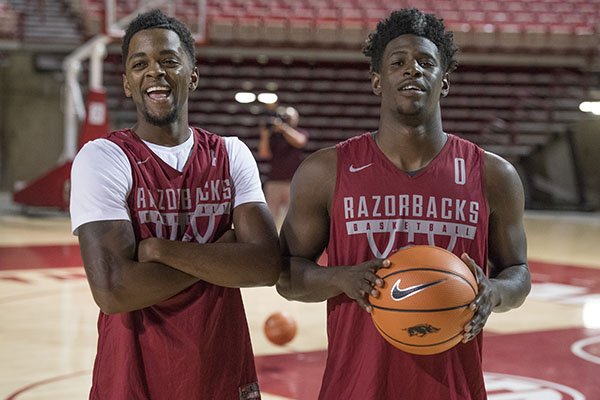 Arkansas guards Daryl Macon, left, and Jaylen Barford are shown during the Razorbacks' annual media day on Tuesday, Oct. 3, 2017, in Fayetteville. 
