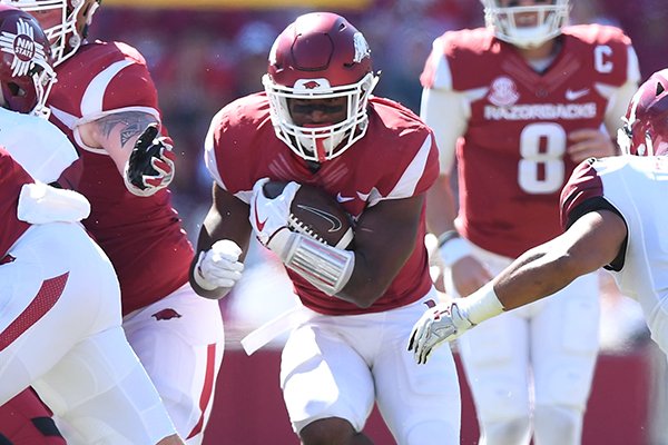 Arkansas running back David Williams carries the ball during a game against New Mexico State on Saturday, Sept. 30, 2017, in Fayetteville. 