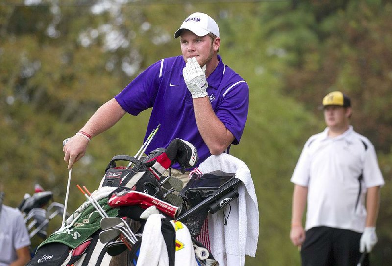 Grant Shelman of Hazen watches with concern Tuesday as his drive on the 17th hole goes out of bounds during the Class 2A boys state golf tournament at Conway Country Club. Shelman fired a 4-over 74 and won the tournament by seven strokes. 