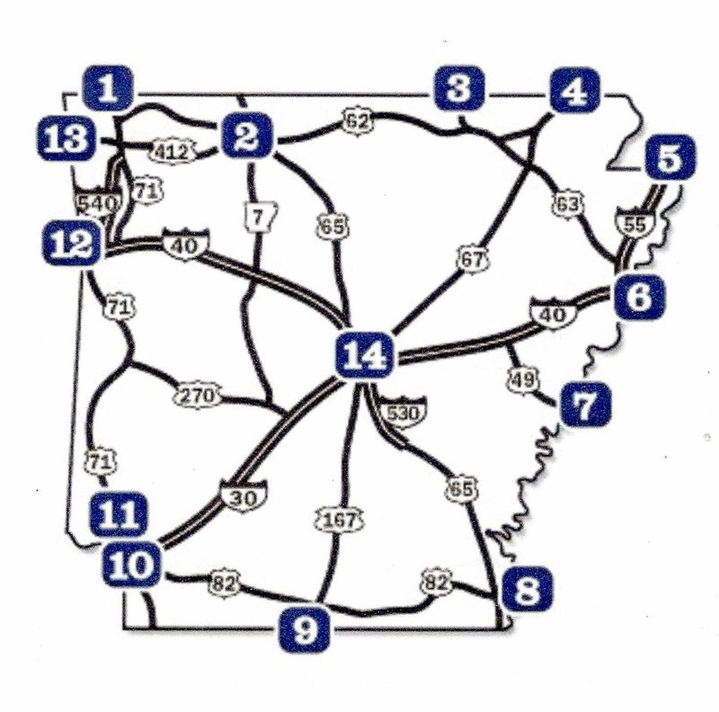 Map courtesy of www.arkansas.com There are now 13 Welcome Centers spread around Arkansas with a central office at Little Rock. The Bella Vista Welcome Center is listed as No. 1.