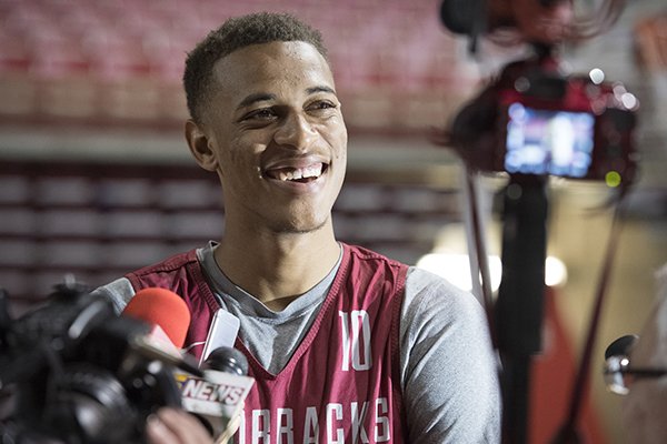 Arkansas freshman center Daniel Gafford answers questions during the Razorbacks' annual media day Tuesday, Oct. 3, 2017, in Fayetteville. 