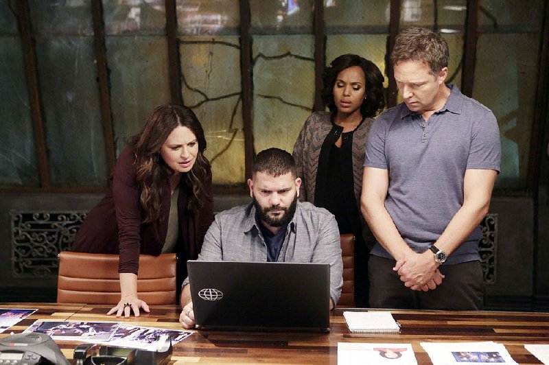 ABC’s Scandal kicks off its final season tonight. The series stars (from left) Katie Lowes, Guillermo Diaz, Kerry Washington and Little Rock native George Newbern.
