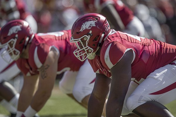 Arkansas defensive lineman Jonathan Marshall lines up during a game against New Mexico State on Saturday, Sept. 30, 2017, in Fayetteville. 