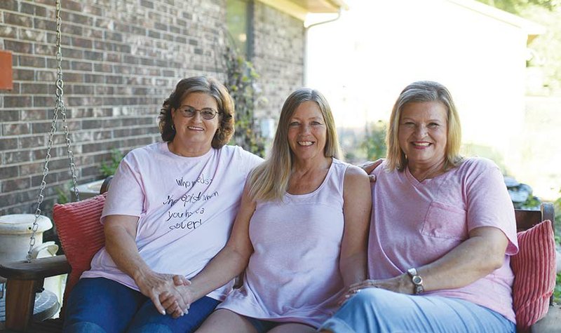 Joan Brown, from left, and Billie Jean McGinty, who are twins, sit on a swing with their sister, Joyce Johnson, at Joyce’s home in Greenbrier. Joyce was diagnosed with breast cancer in 2006 and insisted that Billie Jean, who had never had a mammogram, get one. Billie Jean also had breast cancer. Joan had repeated callbacks after mammograms because of suspicious nodules in her breasts, and all three women chose to have double mastectomies at Conway Regional Medical Center.