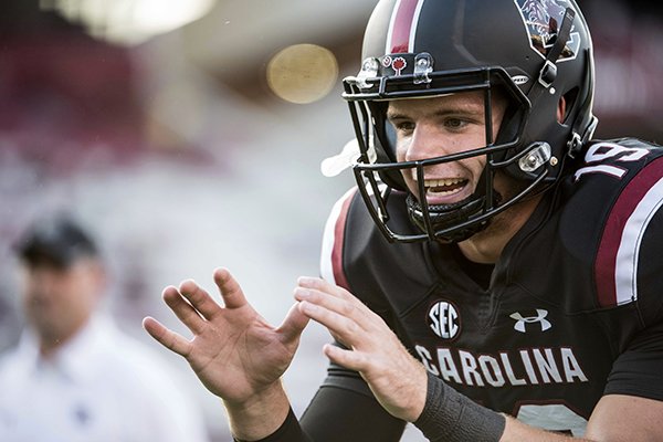 South Carolina quarterback Jake Bentley (19) takes a snap before kickoff of an NCAA college football game against Kentucky on Saturday, Sept. 16, 2017, in Columbia, S.C. Kentucky defeated South Carolina 23-13. (AP Photo/Sean Rayford)